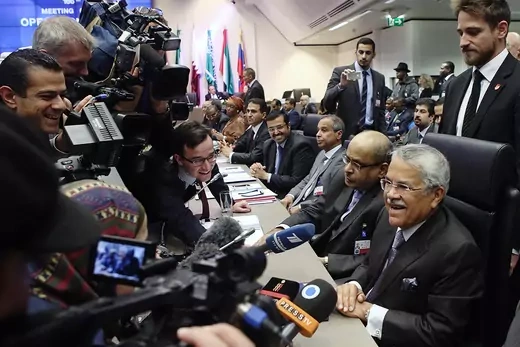 Saudi Arabia's oil minister, Ali al-Naimi, speaks to the a crowd of journalists before a meeting of OPEC oil ministers at OPEC's headquarters in Vienna.