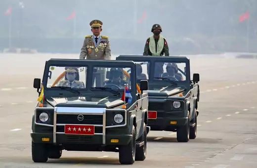 Myanmar's junta chief Senior General Min Aung Hlaing, who ousted the elected government in a coup on February 1, presides an army parade on Armed Forces Day in Naypyitaw, Myanmar, March 27, 2021. 