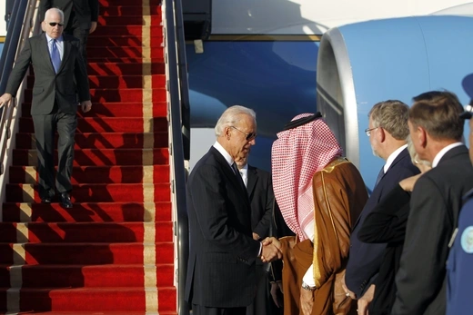 U.S. Vice President Joe Biden is greeted by Saudi Foreign Minister Price Saud Al-Faisal upon his arrival at Riyadh airbase from his 2011 visit as Vice President