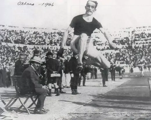 Peter O'Connor leaps in the Olympic stadium in Athens.