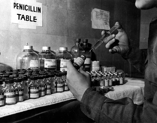 A penicillin table at a U.S. evacuation hospital in Luxembourg in 1945.