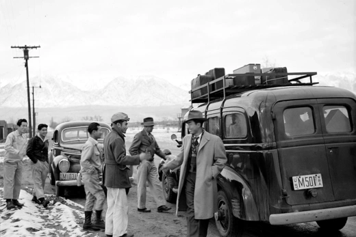 Japanese-American internees departing the Manzanar Relocation Center in California.