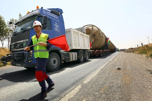Oil refinery parts are shipped into the Kawergosk Refinery, east of Erbil in the autonomous Kurdish region of Iraq, on July 14, 2014. 