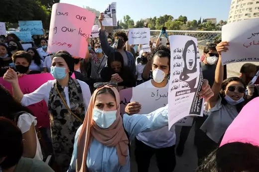 Demonstrator participate in a protest against gender-based violence in Amman, Jordan on July 22, 2020
