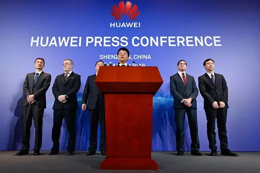 Huawei's rotating chairman Guo Ping speaks during a press conference in Shenzhen.