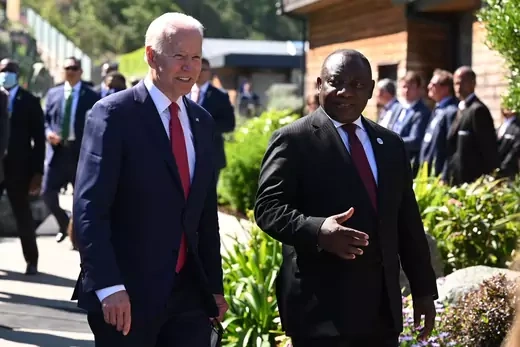 President Joe Biden speaks with South Africa's President Cyril Ramaphosa at the G7 summit.
