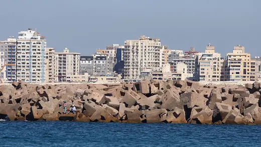 Concrete barriers used against sea-level rises are seen along the coastline in Alexandria, Egypt.