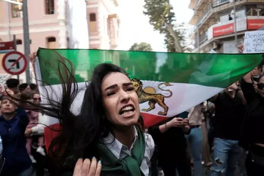 An Iranian woman living in Turkey reacts during a protest following the death of Mahsa Amini, outside the Iranian consulate in Istanbul, Turkey September 21, 2022.
