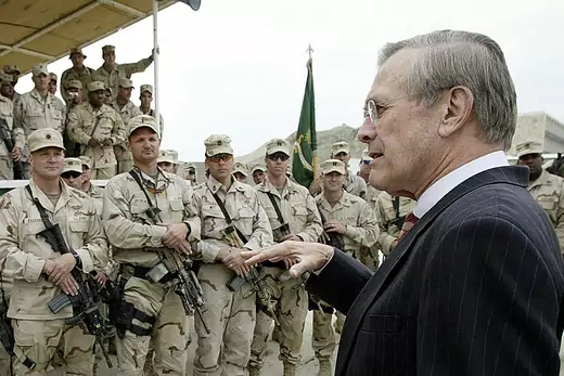 Rumsfeld speaks to soldiers at the U.S. base in Kabul.