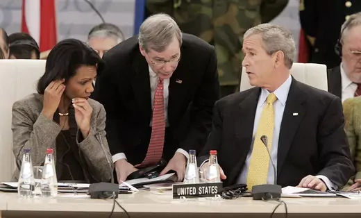 U.S. Secretary of State Condoleezza Rice, U.S. National Security Adviser Stephen Hadley, and President George W. Bush at the NATO summit. 