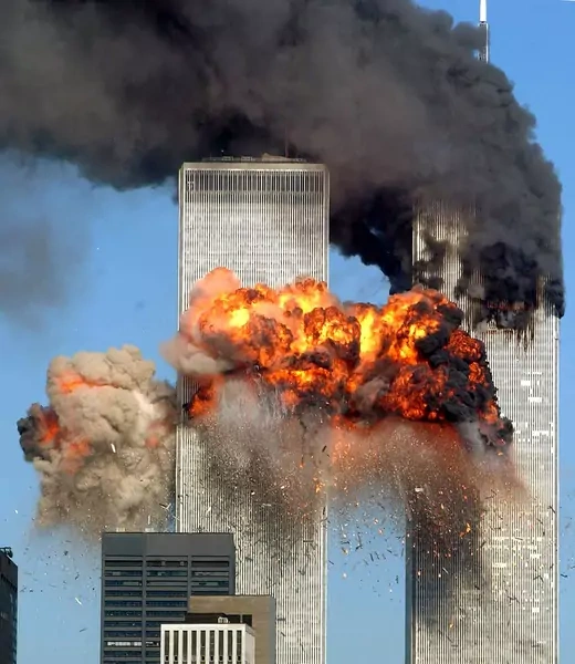 World Trade Center towers burning on 9/11.