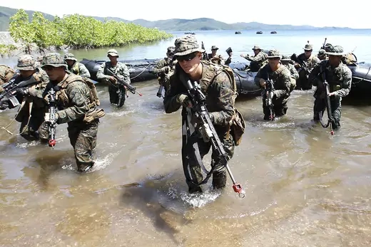 Philippine and U.S. marines conduct a joint military drill in Palawan Province, facing the South China Sea, on April 25, 2012.