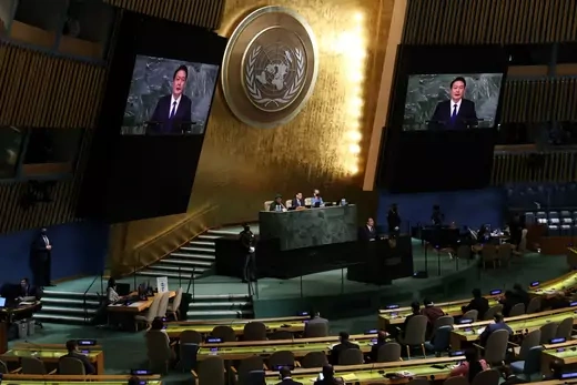 Korea President Yoon Suk Yeol addresses the 77th Session of the United Nations General Assembly at U.N. Headquarters in New York City on September 20, 2022. 