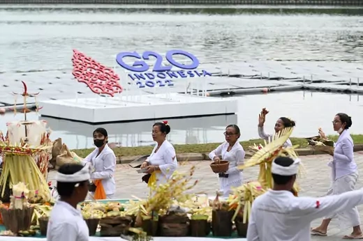 Hindu people join the Melaspas and Mecaru rituals ahead G20 meeting in Denpasar