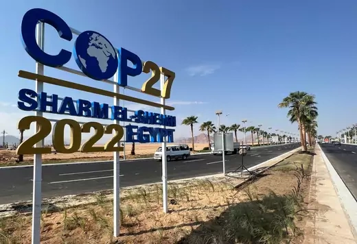 View of a COP27 sign on the road leading to the conference area in Egypt's Red Sea resort of Sharm el-Sheikh town as the city prepares to host the COP27 summit next month, in Sharm el-Sheikh, Egypt October 20, 2022.