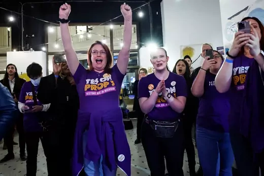 Women cheer as they hear early voting results indicating the passage of Proposal 3, a midterm ballot measure that enshrines abortion rights, during a Reproductive Freedom For All watch party on U.S. midterm election night in Detroit, Michigan, November 8, 2022.