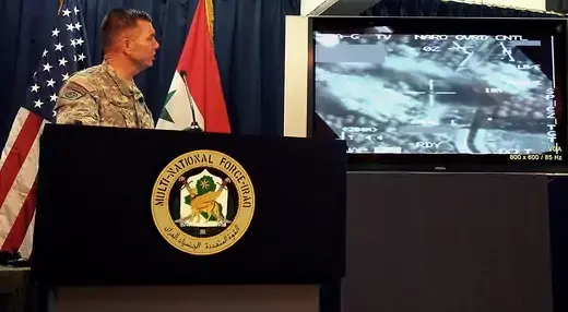 Spokesman of Multi-National Force-Iraq Major General Bill Caldwell speaks during a press conference as satellite images are being shown of a U.S air strike in which the leader of al-Qaeda in Iraq, Abu Musab al-Zarqawii.