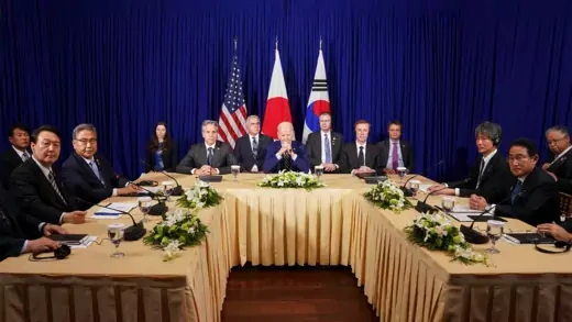 U.S. President Joe Biden holds a trilateral meeting with Japanese Prime Minister Fumio Kishida and South Korean President Yoon Suk-yeol in Phnom Penh, Cambodia