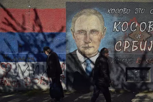 A mural depicting Russian president Vladimir Putin with a text reading kosovo is Serbia on October 22, 2020 in Belgrade, Serbia.