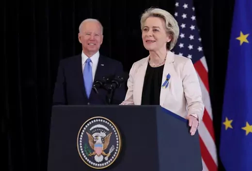 European Commission President Ursula von der Leyen gives a joint press statement with U.S. President Joe Biden at the U.S. Mission in Brussels, Belgium March 25, 2022.