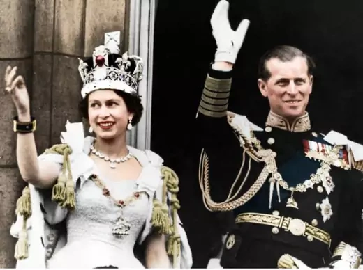 Queen Elizabeth II and the Duke of Edinburgh as seen at Buckingham Palace at her coronation.