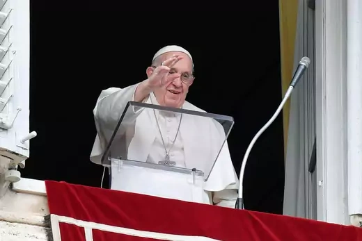 ope Francis delivers his Sunday Angelus blessing from the window of his private studio to pilgrims gathered in Saint Peter's Square on January 08, 2023 in Vatican City, Vatican. 