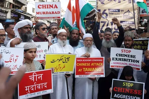 Demonstrators in India protest against China following a border scuffle at the Tawang sector of India's northeastern Himalayan state of Arunachal Pradesh.