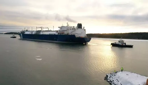 A tugboat and vessel FSRU Exemplar, the floating liquefied natural gas (LNG) terminal, chartered by Finland to replace Russian gas, arrives to the Inkoo port, west of Helsinki, December 28, 2022.
