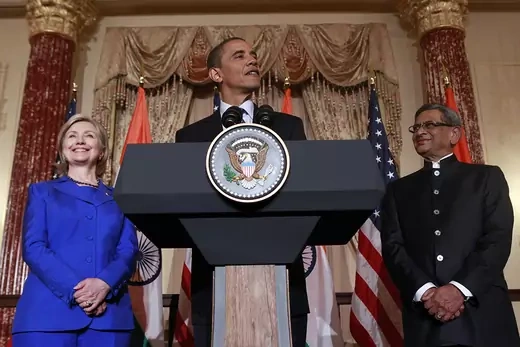 U.S. President Barack Obama speaks at the the U.S.-India Strategic Dialogue reception at the State Department in Washington. At left is Secretary of State Hillary Clinton and on the right is Indian Foreign Minister S.M. Krishna.    