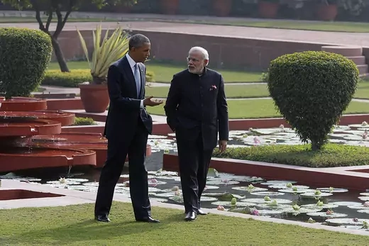 U.S. president Barack Obama and India's Prime Minister Narendra Modi walk through the gardens at Hyderabad House in New Delhi. 