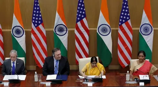 U.S. Secretary of State Mike Pompeo, U.S. Secretary of Defence James Mattis, India's Foreign Minister Sushma Swaraj and India's Defence Minister Nirmala Sitharaman attend a joint news conference after a meeting in New Delhi, India.