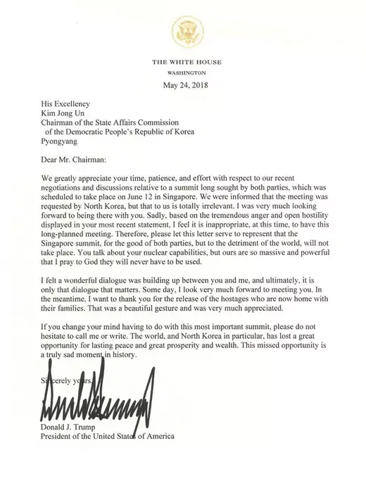 Trump’s letter to Kim canceling their meeting. 