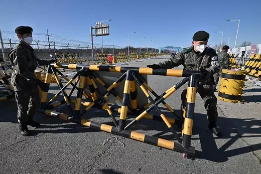 South Korean soldiers set a barricade at a checkpoint near the demilitarized zone.