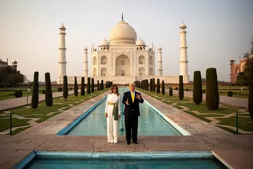 President Trump and First Lady Melania Trump stand in front of the Taj Mahal in India. 