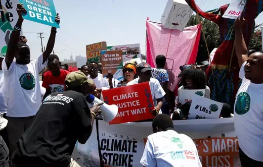 Climate change and environmental activists parades during a protest in Nairobi