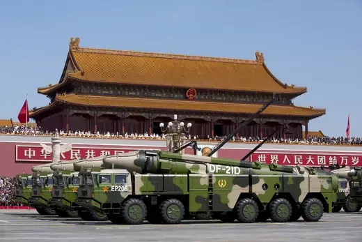 Chinese military vehicles carrying DF-21D anti-ship ballistic missiles travel past Tiananmen Gate during a military parade to commemorate the 70th anniversary of the end of World War II in Beijing.