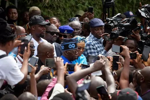 Presidential candidate Bola Ahmed Tinubu addresses the media after casting his ballot in Ikeja, Lagos, Nigeria