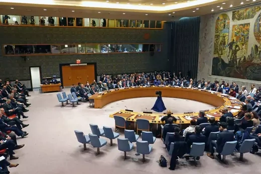 A general view from the U.N. Security Council high-level meeting on the first anniversary of the conflict between Russia and Ukraine at the UN headquarters on February 24, 2023 in New York City.