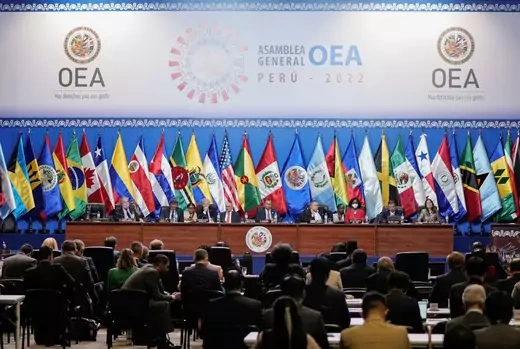 Secretary-General of the Organization of American States (OAS) Luis Almagro heads a session at the OAS 52nd General Assembly.