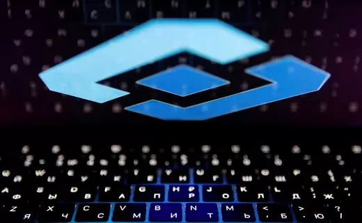 The logo of Russia's state communications regulator, Roskomnadzor, is reflected in a laptop screen.