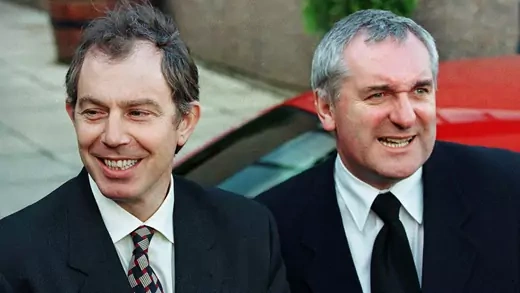 British Prime Minister Tony Blair and Irish Prime minister Bertie Ahern speak to reporters during a press conference