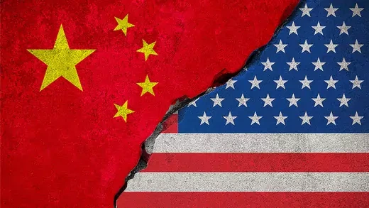 Opposing U.S. and China flags