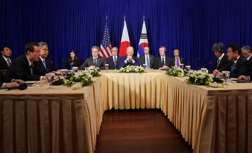 U.S. President Joe Biden attends a trilateral meeting with South Korean President Yoon Suk-yeol and Japanese Prime Minister Fumio Kishida in Phnom Penh, Cambodia on November 13, 2022. 