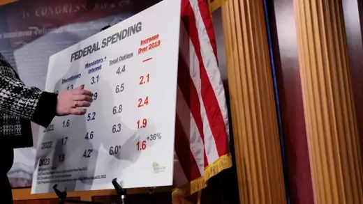 A U.S. Senate Republican staffer sets up a visual aid ahead of a news conference about the debt ceiling held by Senators Rand Paul (R-KY), Mike Lee (R-UT), Rick Scott (R-FL) and Ron Johnson (R-WI), among others, at the U.S. Capitol building in Washington, U.S., January 25, 2023. 