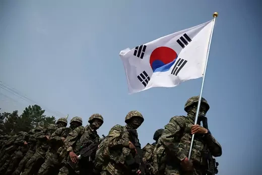 South Korea's marines take part in U.S and South Korea's marine corps combined amphibious landing drill in Pohang, South Korea on March 29, 2023. 
