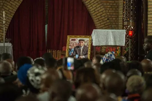 A photo of Tshisekedi is displayed during his memorial service in Kinshasa. 
