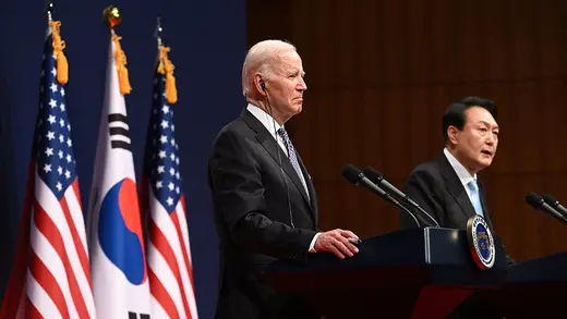 U.S. President Joe Biden and South Korean President Yoon Suk-yeol speak during a press conference in Seoul, South Korea.