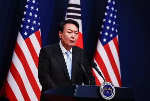 South Korean President Yoon Suk-yeol speaks during a joint news conference with U.S. President Joe Biden at the presidential office in Seoul, South Korea on May 21, 2022.