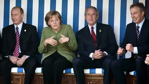 U.S. President George W. Bush sits with the leaders of Russia, Germany, and the United Kingdom