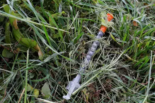 A used needle sits on the ground in a park.